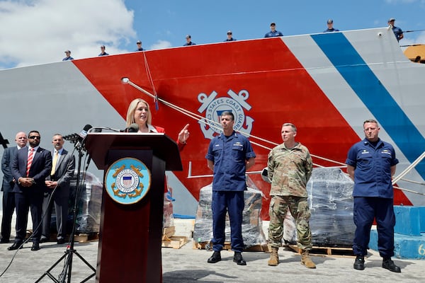 U.S. Attorney General, Pam Bondi speaks during a news conference on Wednesday, April 9, 2025, at Port Everglades, Fla., to announce the seizure of illegal narcotics. (Amy Beth Bennett /South Florida Sun-Sentinel via AP)