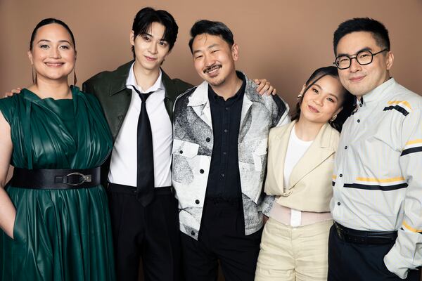 Lily Gladstone, from left, Han Gi-Chan, Andrew Ahn, Kelly Marie Tran, and Bowen Yang pose for a portrait to promote "The Wedding Banquet" on Tuesday, April 15, 2025, in West Hollywood, Calif. (Photo by Rebecca Cabage/Invision/AP)