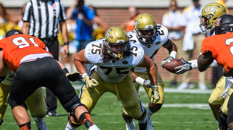 Parker Braun was one of three Georgia Tech first-year freshmen to start on the offensive line this season. (GT Athletics/Danny Karnik)