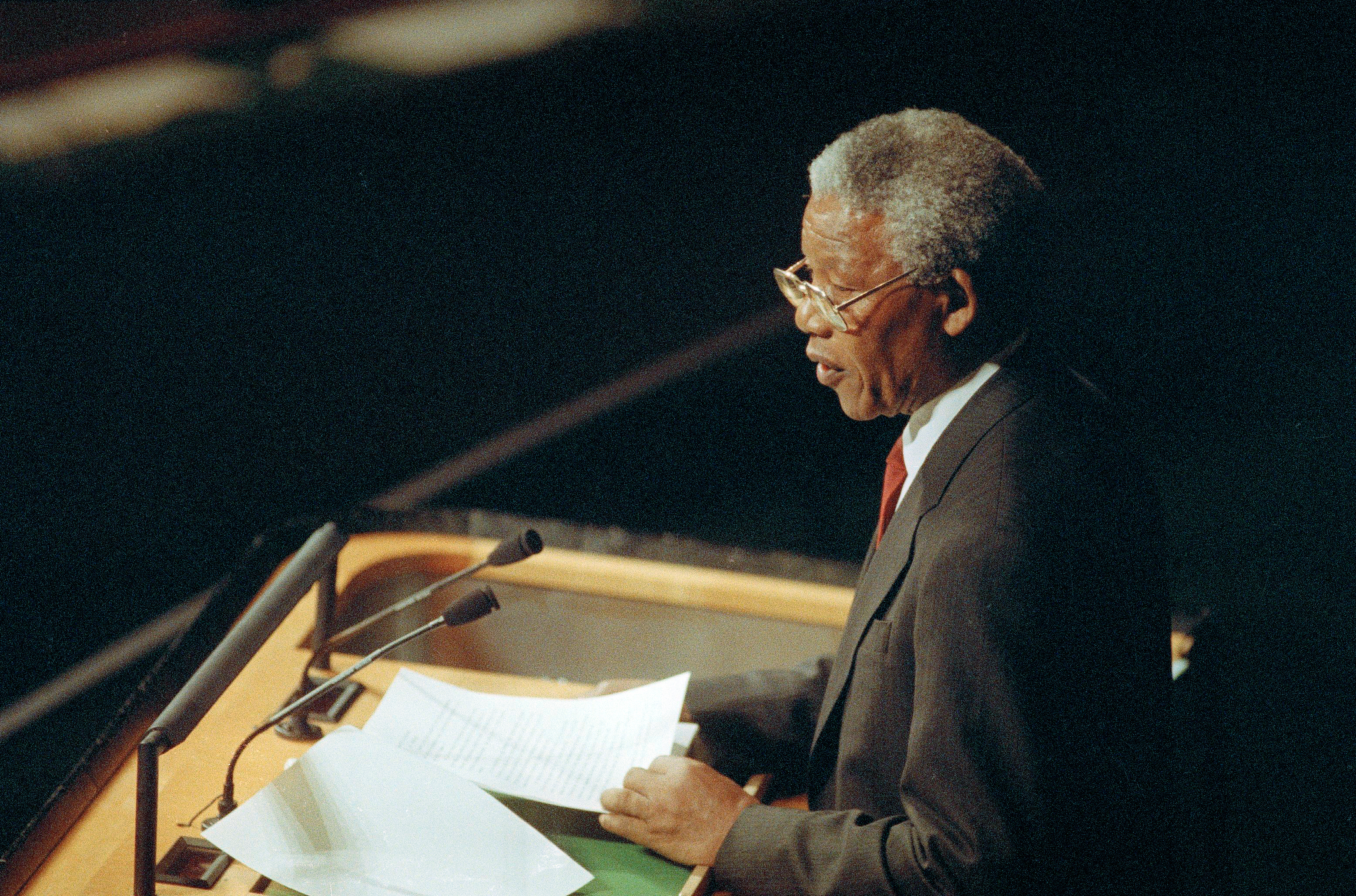 FILE - Nelson Mandela, anti-apartheid leader and president of the African National Congress, addresses the United Nations General Assembly in New York, Dec. 3, 1991. (AP Photo/Ed Bailey, File)