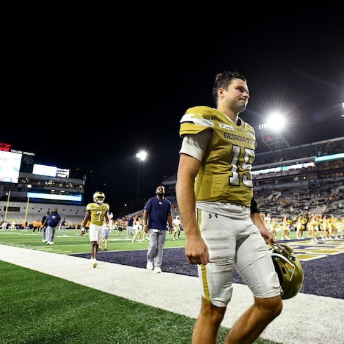 Georgia Tech quarterback Alberto Mendoza leaves the field after a 45-24 loss to Tennessee on Saturday, Sept. 12, 2026, at Bobby Dodd Stadium in Atlanta. (Hyosub Shin/AJC)
