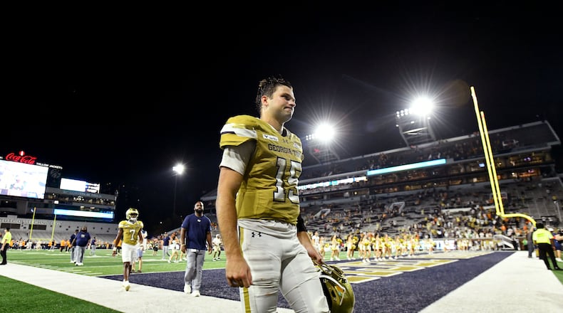 Georgia Tech quarterback Alberto Mendoza leaves the field after a 45-24 loss to Tennessee on Saturday, Sept. 12, 2026, at Bobby Dodd Stadium in Atlanta. (Hyosub Shin/AJC)