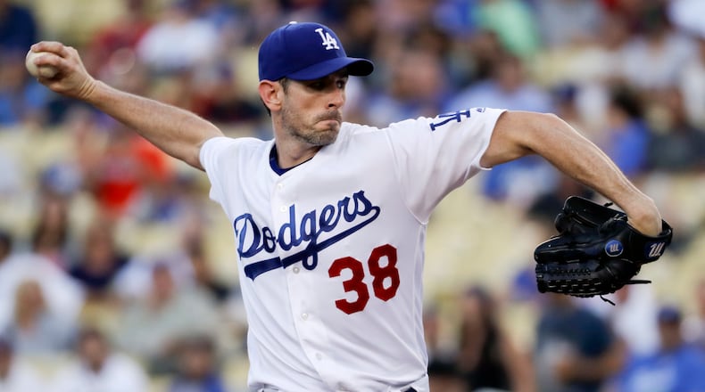 Los Angeles Dodgers starting pitcher Brandon McCarthy throws to an Atlanta Braves batter during the first inning of a baseball game in Los Angeles, Thursday, July 20, 2017. (AP Photo/Chris Carlson)