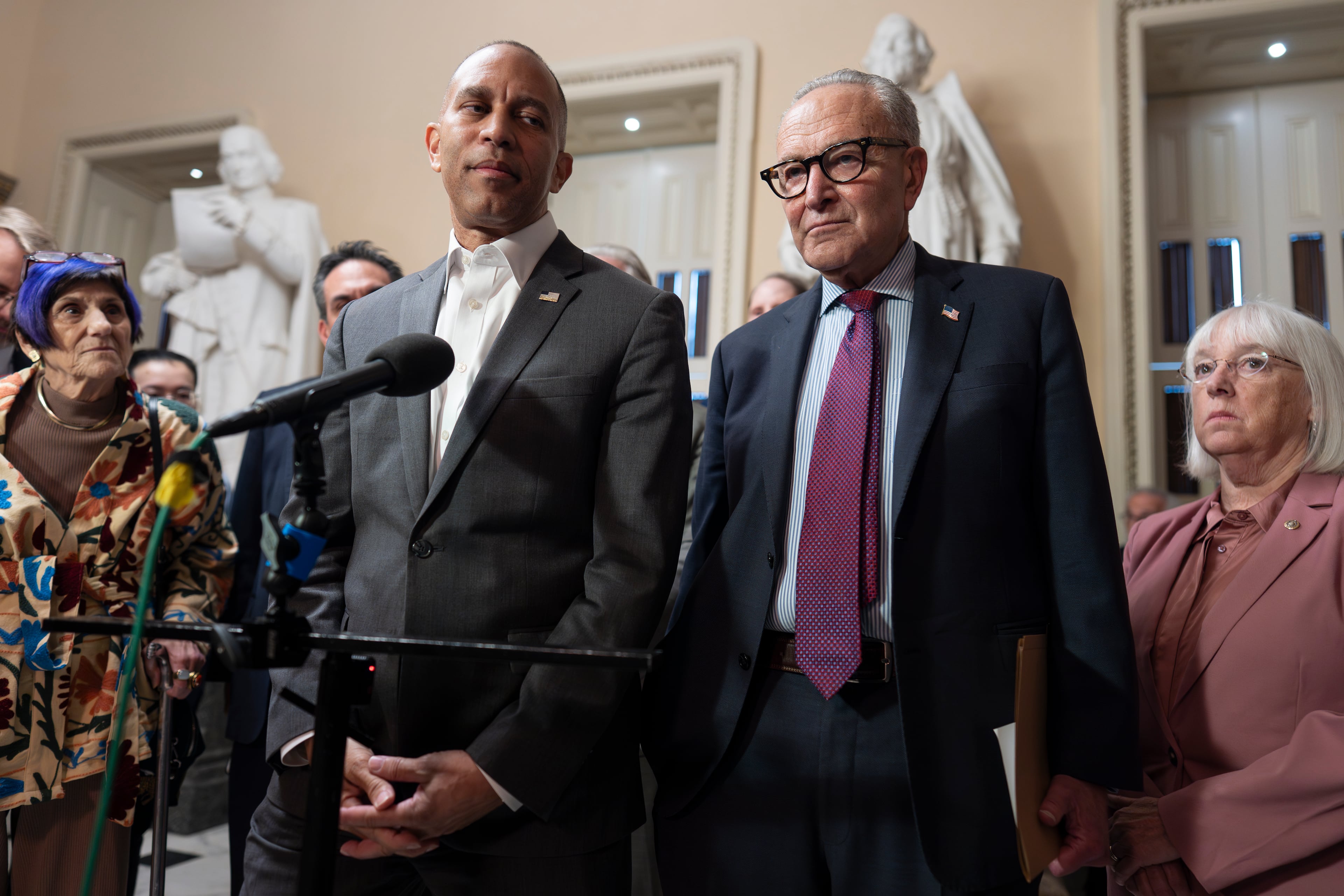 House Democratic Leader Hakeem Jeffries (left) and Senate Democratic Leader Chuck Schumer, both of New York, tell reporters that they are united as the Sept. 30 funding deadline approaches, at the Capitol in Washington, Thursday, Sept. 11, 2025. (J. Scott Applewhite/AP)