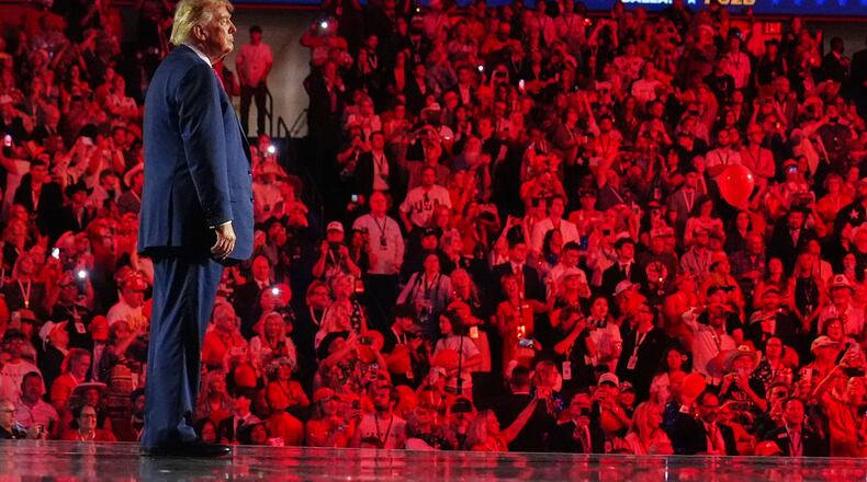 President Donald Trump stands on stage after speaking at the Republican convention, Thursday, Sept. 10, 2026, in Dallas. (AP Photo/Julia Demaree Nikhinson)