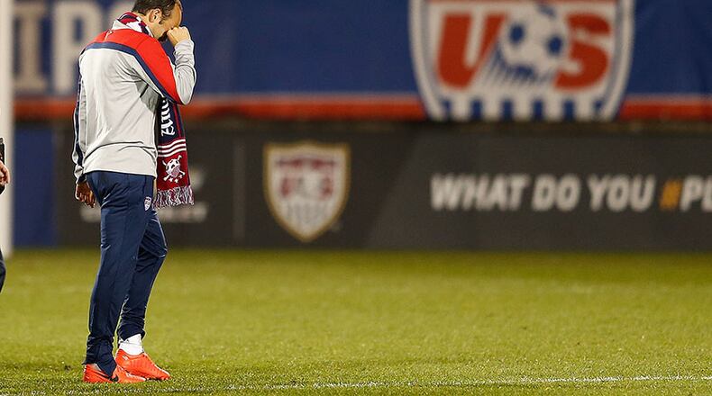 Landon Donovan tears up as he leaves the field after playing in the first half during an international friendly with Ecuador - his final game with the U.S. soccer team - at Rentschler Field on Oct. 10, 2014 in East Hartford, Conn.