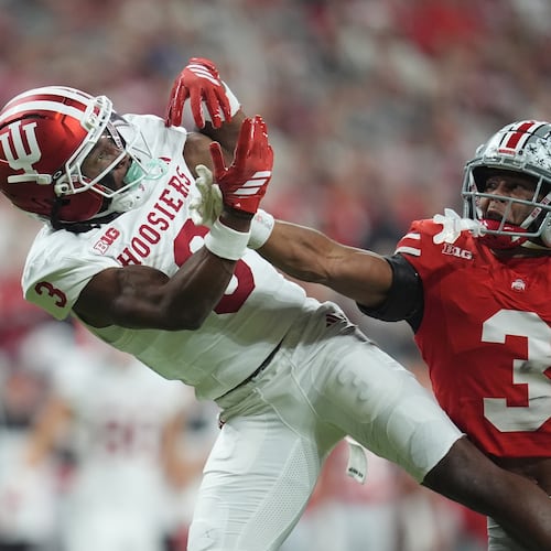 Ohio State's Lorenzo Styles Jr. breaks up a pass intended for Indiana's Omar Cooper Jr. during the first half of the Big Ten championship NCAA college football game in Indianapolis, Saturday, Dec. 6, 2025. (AP Photo/Michael Conroy)