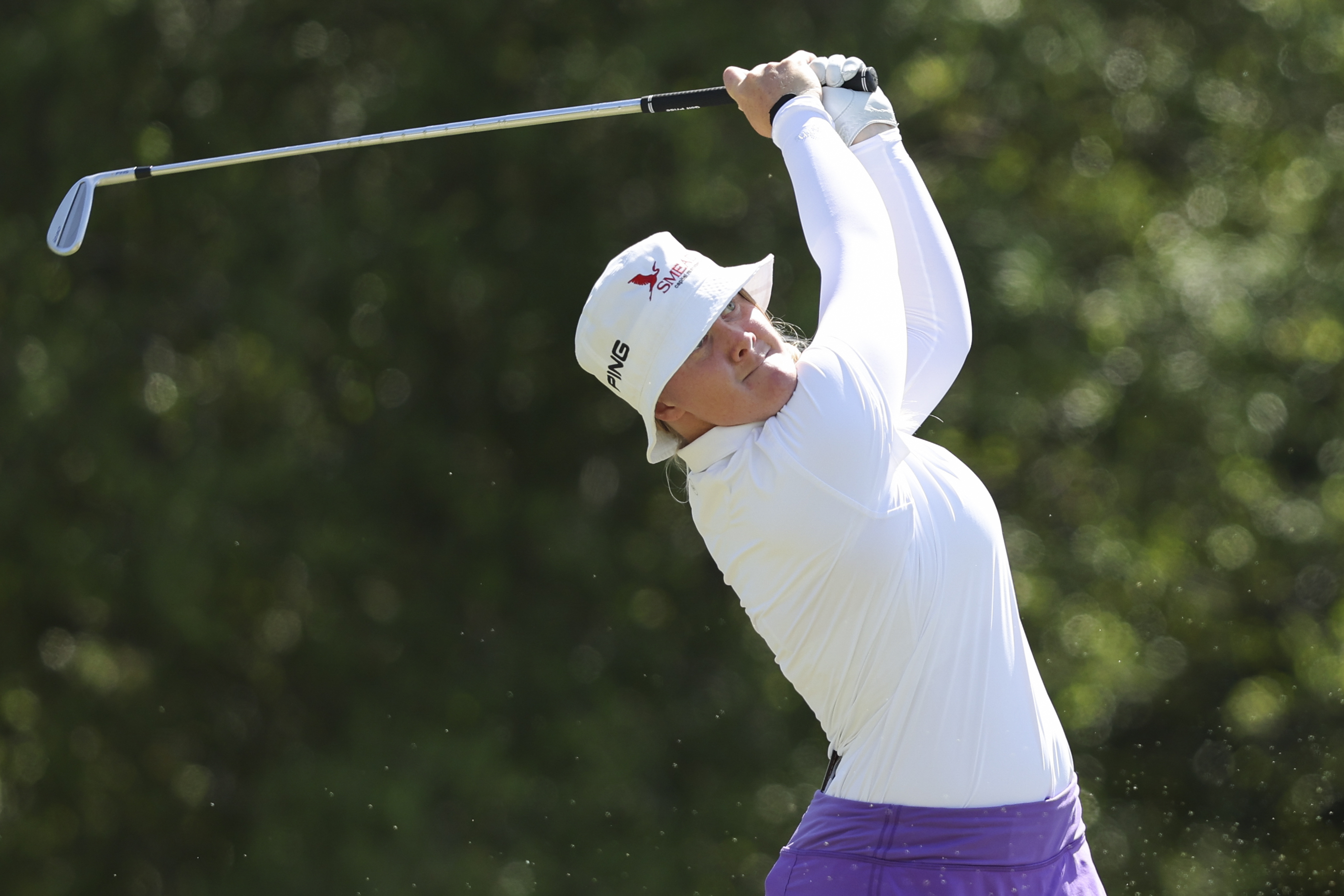 Ingrid Lindblad hits from the sixth tee during the final round of the LPGA's JM Eagle LA Championship golf tournament at El Caballero Country Club Sunday, April 20, 2025, in Los Angeles. (AP Photo/Jessie Alcheh)