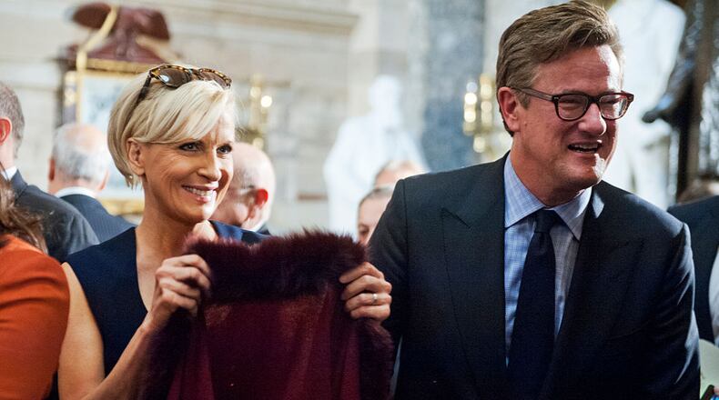UNITED STATES - NOVEMBER 19: Television personality Mika Brzezinski, and her co-host Joe Scarborough, attend a bust unveiling ceremony for the late Czech leader Vaclav Havel in the Capitol's Statuary Hall, November 19, 2014. (Photo By Tom Williams/CQ Roll Call)