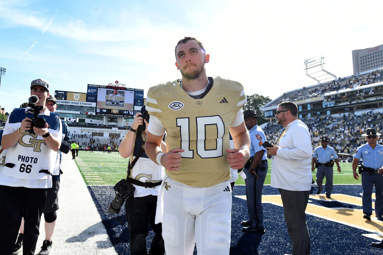 Quarterback Haynes King leaves the field after Georgia Tech beat Syracuse 41-16 at Bobby Dodd Stadium on Saturday, Oct. 25, 2025, in Atlanta. King is looking to become Tech’s first winner of the Heisman Trophy. (Hyosub Shin/AJC)