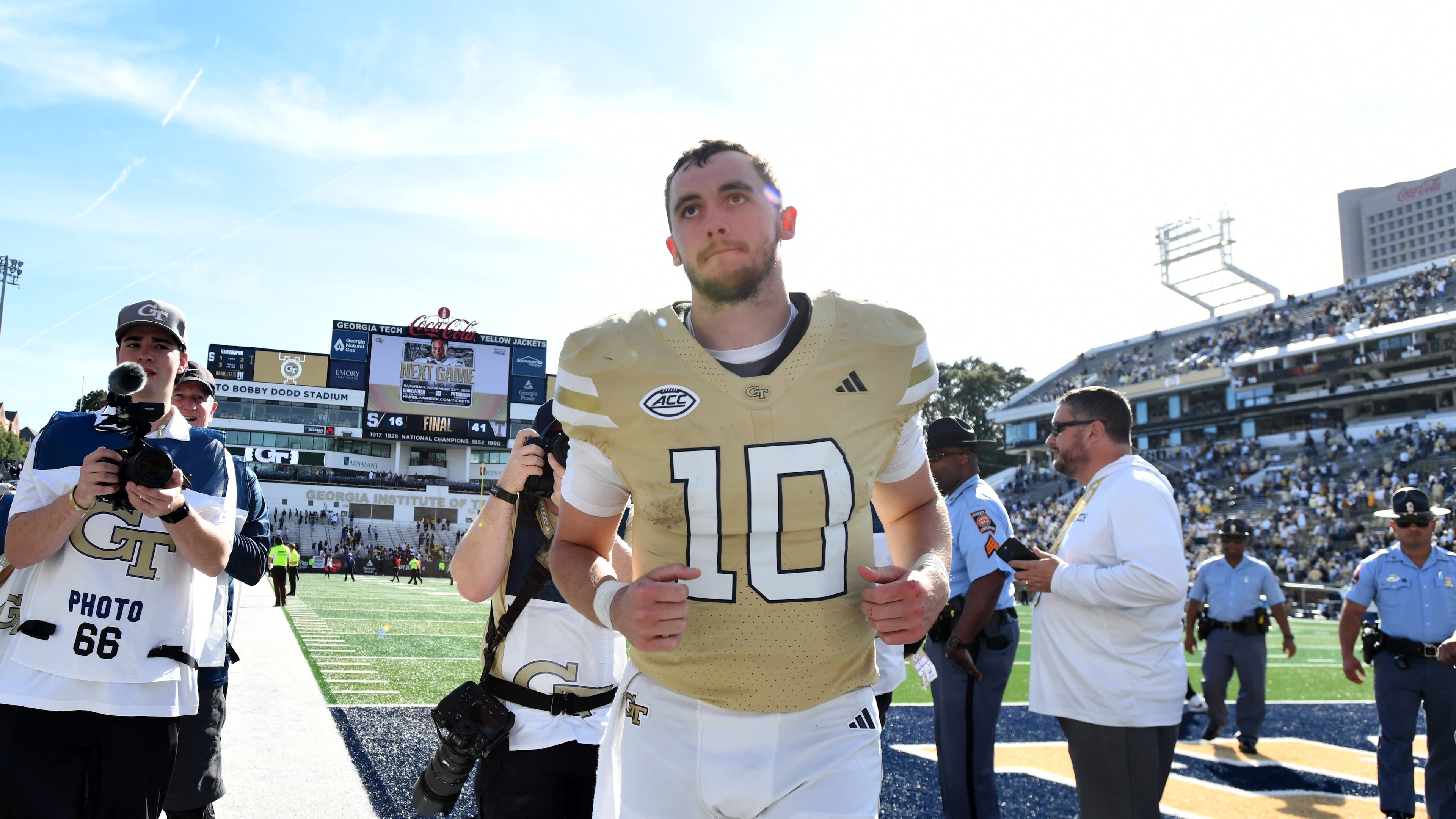 Quarterback Haynes King leaves the field after Georgia Tech beat Syracuse 41-16 at Bobby Dodd Stadium on Saturday, Oct. 25, 2025, in Atlanta. King is looking to become Tech’s first winner of the Heisman Trophy. (Hyosub Shin/AJC)