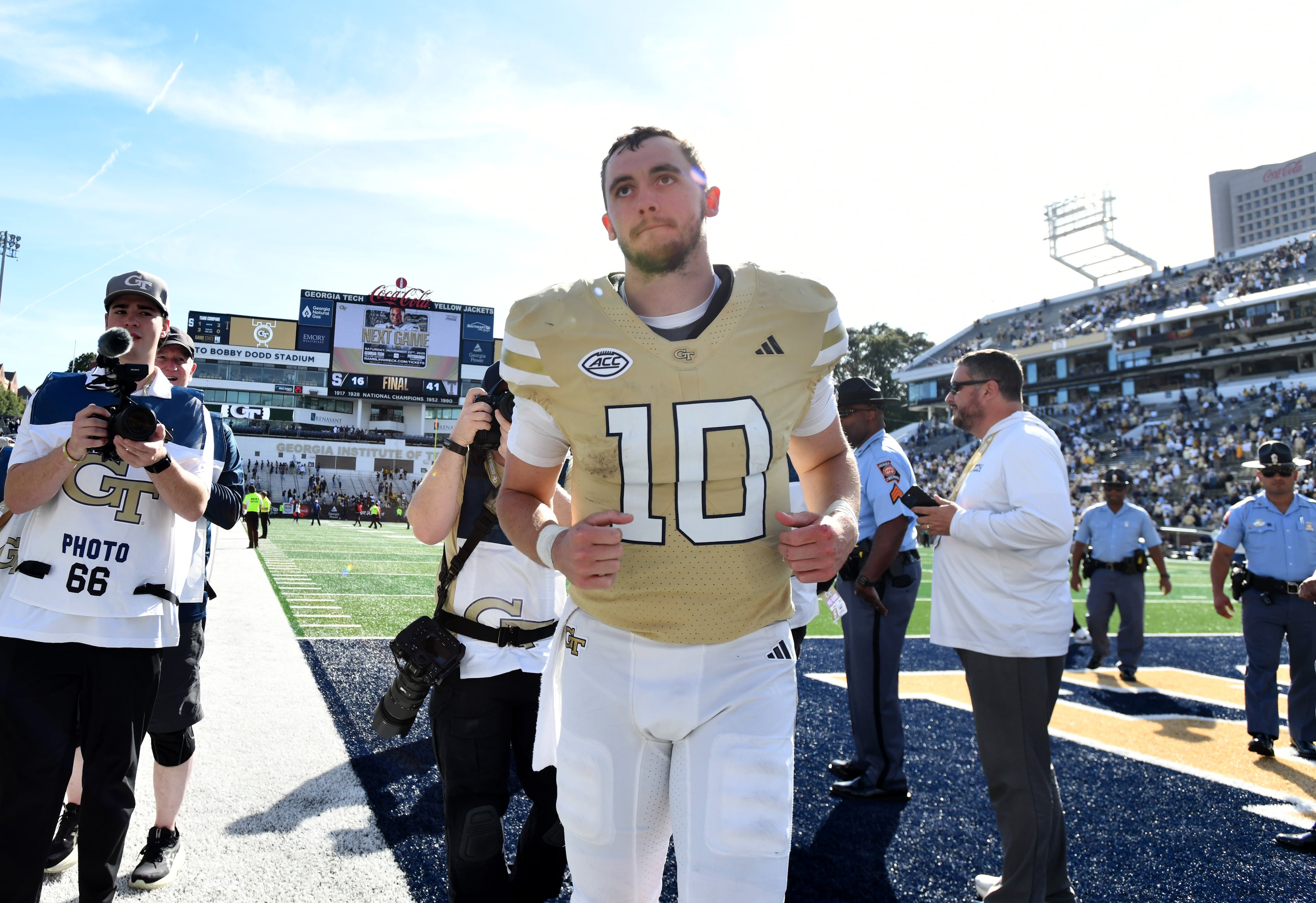 Georgia Tech quarterback Haynes King leaves the field after Georgia Tech beat Syracuse during an NCAA college football game at Bobby Dodd Stadium, Saturday, Oct. 25, 2025 in Atlanta. Georgia Tech won 41-16 over Syracuse. The Yellow Jackets are 8-0 for the first time since 1966 and 5-0 in the ACC for the first time ever. (Hyosub Shin/AJC)