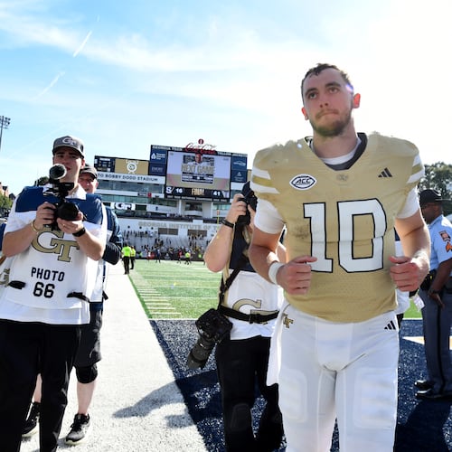 Quarterback Haynes King leaves the field after Georgia Tech beat Syracuse 41-16 at Bobby Dodd Stadium on Saturday, Oct. 25, 2025, in Atlanta. King is looking to become Tech’s first winner of the Heisman Trophy. (Hyosub Shin/AJC)