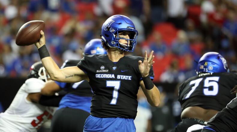 Georgia State quarterback Conner Manning (7) attempts a pass in the first quarter of their game against Ball State at the Georgia Dome, Friday, September, 2016, in Atlanta, Ga. PHOTO / JASON GETZ