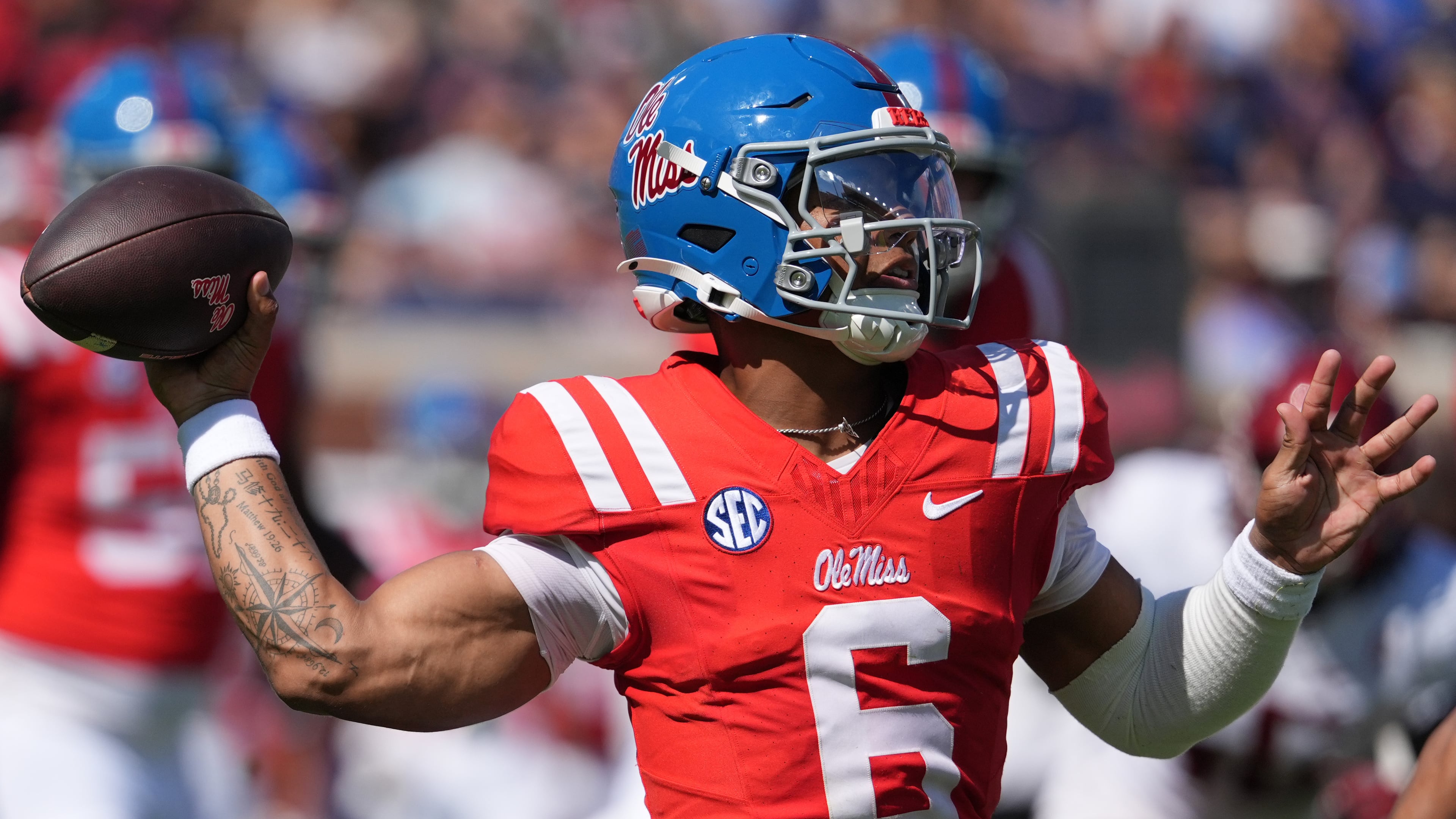 Mississippi quarterback Trinidad Chambliss (6) throws a pass during the first half of an NCAA college football game against Washington State, Saturday, Oct. 11, 2025, in Oxford, Miss. (AP Photo/Rogelio V. Solis)