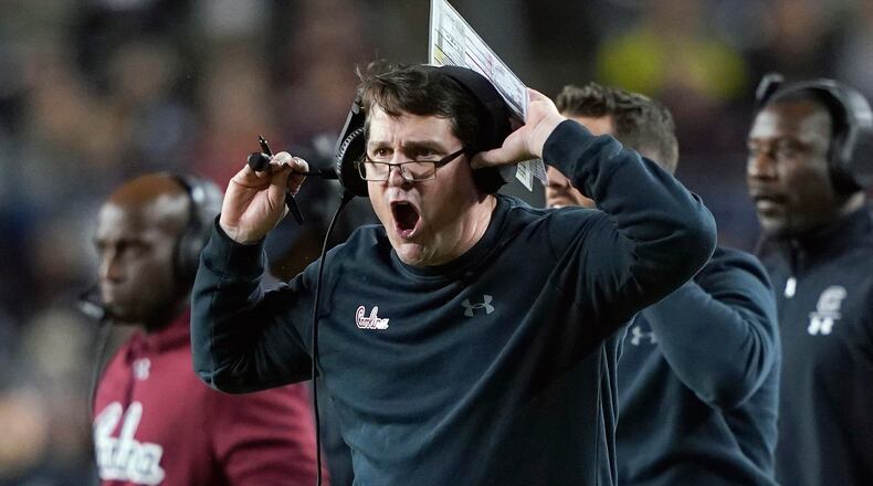 South Carolina coach Will Muschamp yells to the officials during the first quarter against Texas A&M Saturday, Nov. 16, 2019, in College Station, Texas.