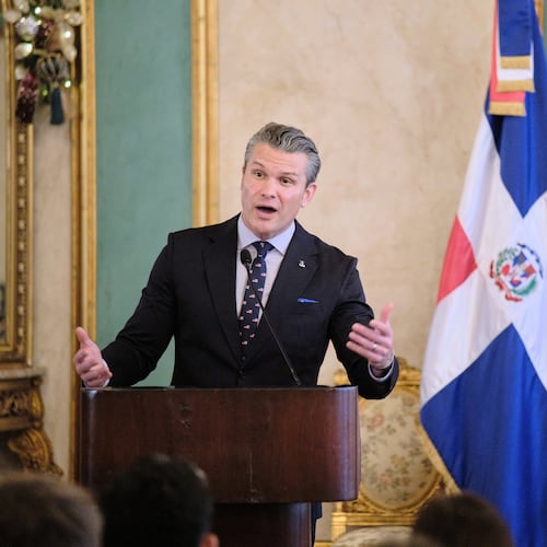 U.S. Secretary of Defense Pete Hegseth speaks during a press conference after a meeting with Dominican Republic President Luis Abinader at the National Palace in Santo Domingo, Dominican Republic, Wednesday, Nov. 26, 2025. (AP Photo/Ricardo Hernadez)