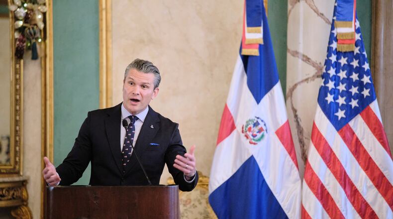 U.S. Secretary of Defense Pete Hegseth speaks during a press conference after a meeting with Dominican Republic President Luis Abinader at the National Palace in Santo Domingo, Dominican Republic, Wednesday, Nov. 26, 2025. (AP Photo/Ricardo Hernadez)