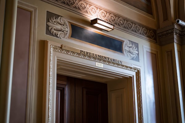 The office of Senate Parliamentarian Elizabeth MacDonough is seen at the Capitol in Washington, Friday, June 27, 2025. (AP Photo/J. Scott Applewhite)