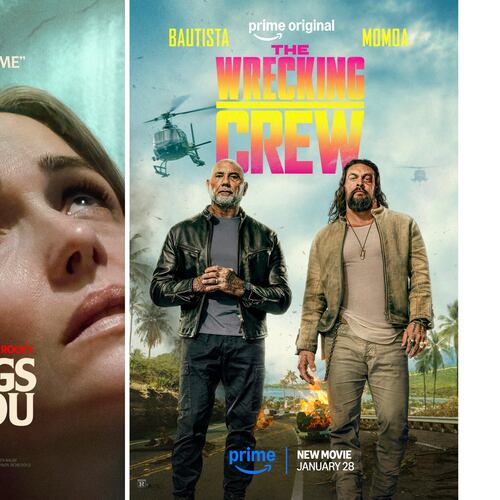 This combination of images show promotional art for the films "If I Had Legs I'd Kick You," left, and "The Wrecking Crew." (A24/Prime via AP)