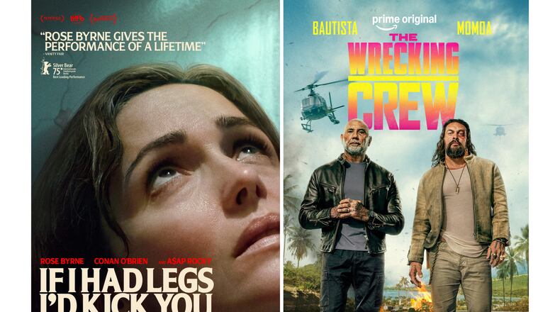 This combination of images show promotional art for the films "If I Had Legs I'd Kick You," left, and "The Wrecking Crew." (A24/Prime via AP)