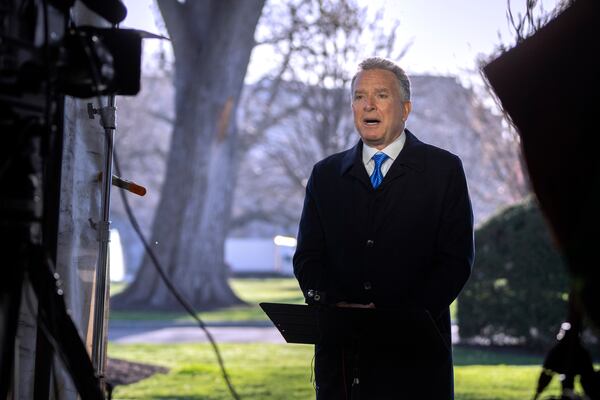 Steve Witkoff, White House special envoy, speaks during a television interview outside the White House, Wednesday, March 19, 2025, in Washington. (AP Photo/Mark Schiefelbein)