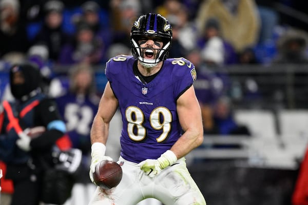 FILE - Baltimore Ravens tight end Mark Andrews (89) reacts during the second half of an NFL football game against the Cleveland Browns, Saturday, Jan. 4, 2025, in Baltimore. (AP Photo/Nick Wass, File)