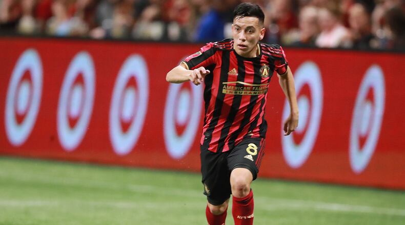 October 24, 2019 Atlanta: Atlanta United midfielder Ezequiel Barco works against Philadelphia in the Eastern Conference semifinals of the MLS playoffs on Thursday, October 24, 2019, in Atlanta. Curtis Compton/ccompton@ajc.com