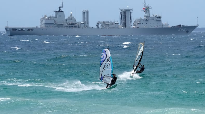 The Chinese supply ship Taihu is moored in False Bay near Simon's Town, South Africa, Friday, Jan. 9, 2026. (AP Photo/Nardus Engelbrecht)