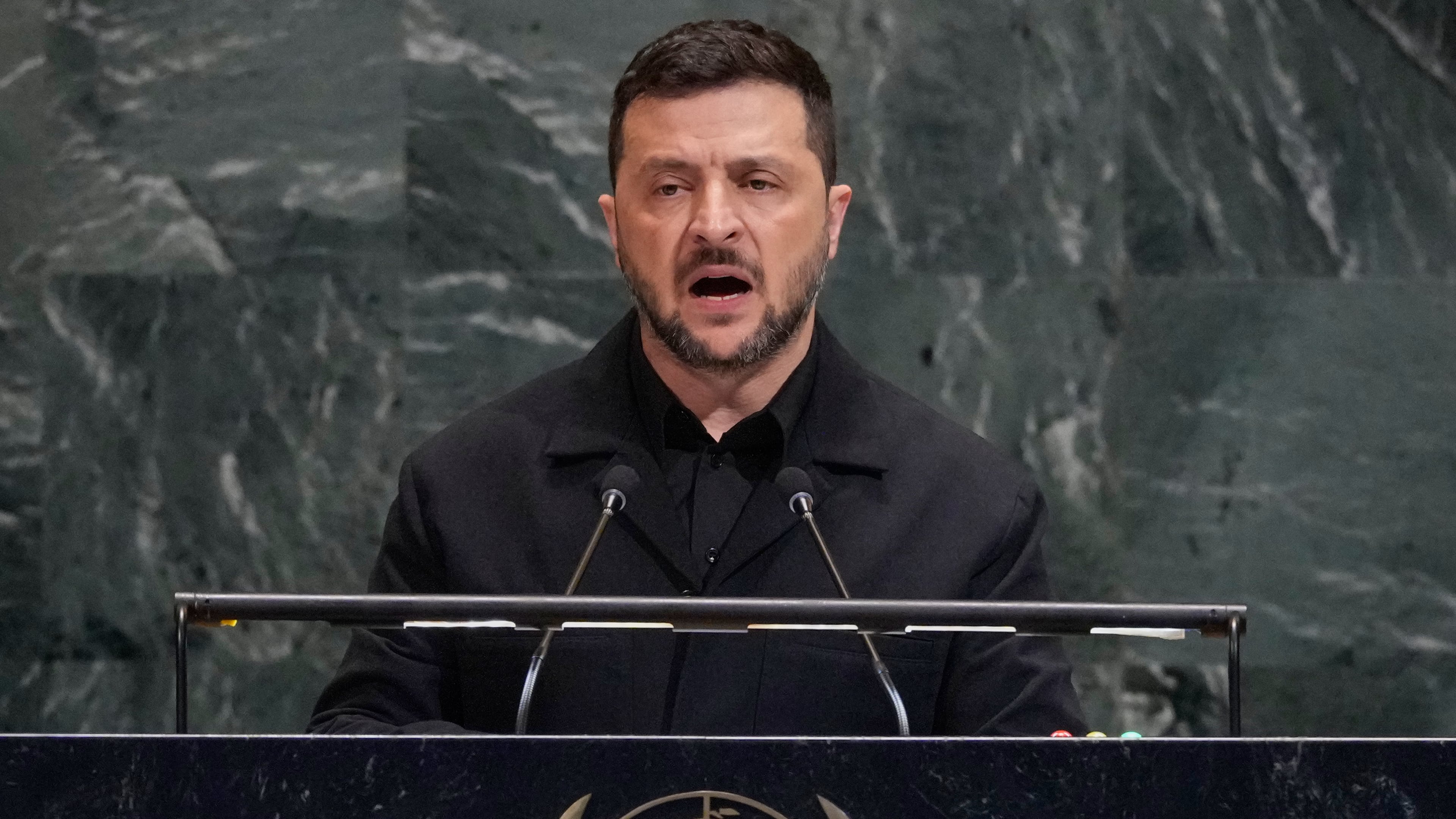 Ukraine President Volodymyr Zelenskyy addresses the 80th session of the United Nations General Assembly, Wednesday, Sept. 24, 2025. (AP Photo/Richard Drew)