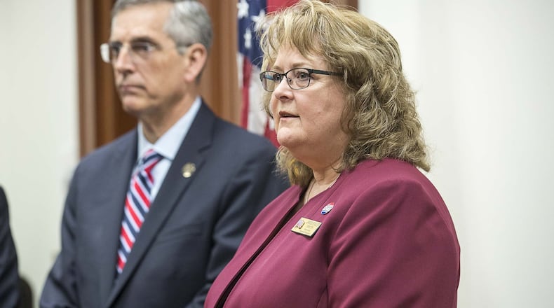 Cobb County Elections Director Janine Eveler speaks during a press conference at the Georgia State Capitol Building, on Monday, March 16, 2020. ALYSSA POINTER / ALYSSA.POINTER@AJC.COM