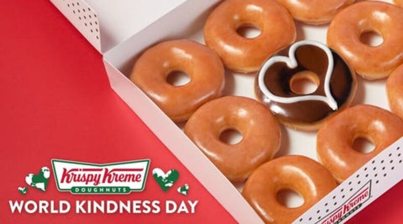 The first 500 guests at each Krispy Kreme shop will receive a dozen free Original Glazed Doughnuts on Monday, Nov. 13, to celebrate World Kindness Day.