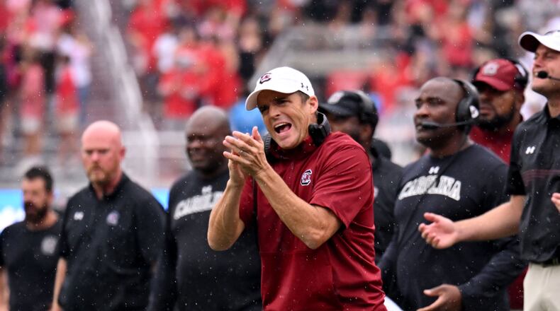 South Carolina's head coach Shane Beamer shouts instructions during the second half in an NCAA football game at Sanford Stadium, Saturday, Sept. 16, 2023, in Athens. Georgia won 24-14. (Hyosub Shin / Hyosub.Shin@ajc.com)