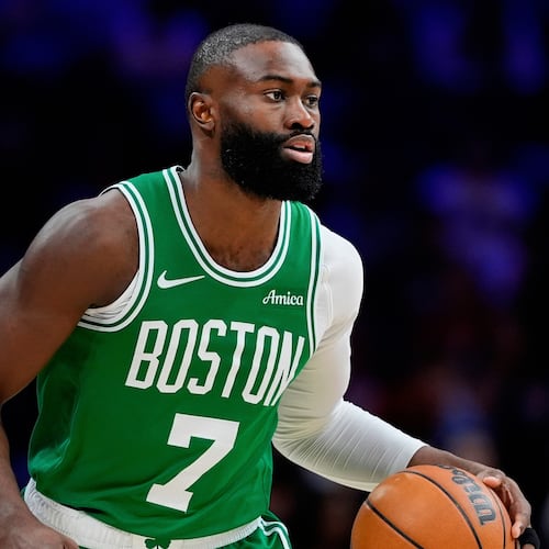 FILE - Boston Celtics' Jaylen Brown plays during Game 6 in a first-round NBA basketball playoff series Thursday, April 30, 2026, in Philadelphia. (AP Photo/Matt Slocum,File)