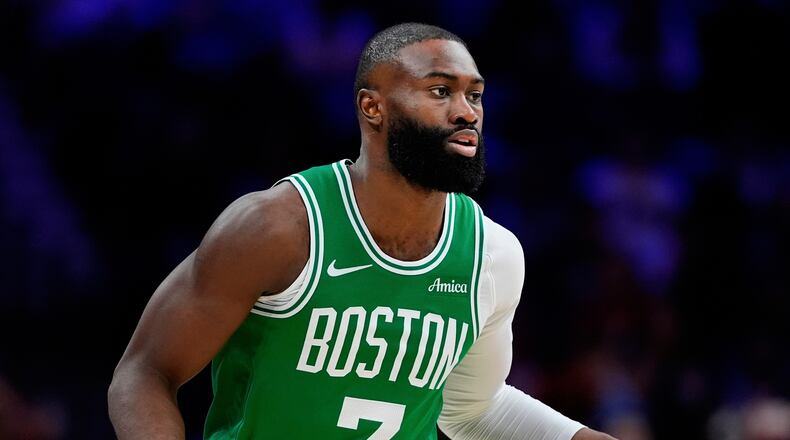 FILE - Boston Celtics' Jaylen Brown plays during Game 6 in a first-round NBA basketball playoff series Thursday, April 30, 2026, in Philadelphia. (AP Photo/Matt Slocum,File)
