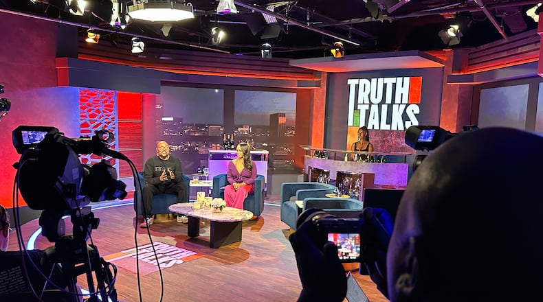 Ryan Cameron leading a panel talk show with Dr. Cheyenne Bryant on the first day of taping Sunday in downtown Atlanta for Fox Soul's "Truth Talks."  RODNEY HO/AJC