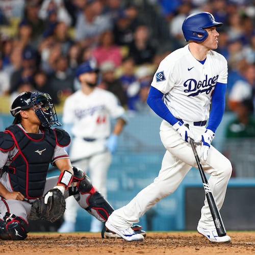 Los Angeles Dodgers' Freddie Freeman watches his home run during the sixth inning of a baseball game against the Atlanta Braves, Friday, May 8, 2026, in Los Angeles. (AP Photo/Jessie Alcheh)