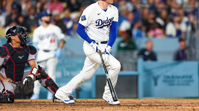 Los Angeles Dodgers' Freddie Freeman watches his home run during the sixth inning of a baseball game against the Atlanta Braves, Friday, May 8, 2026, in Los Angeles. (AP Photo/Jessie Alcheh)
