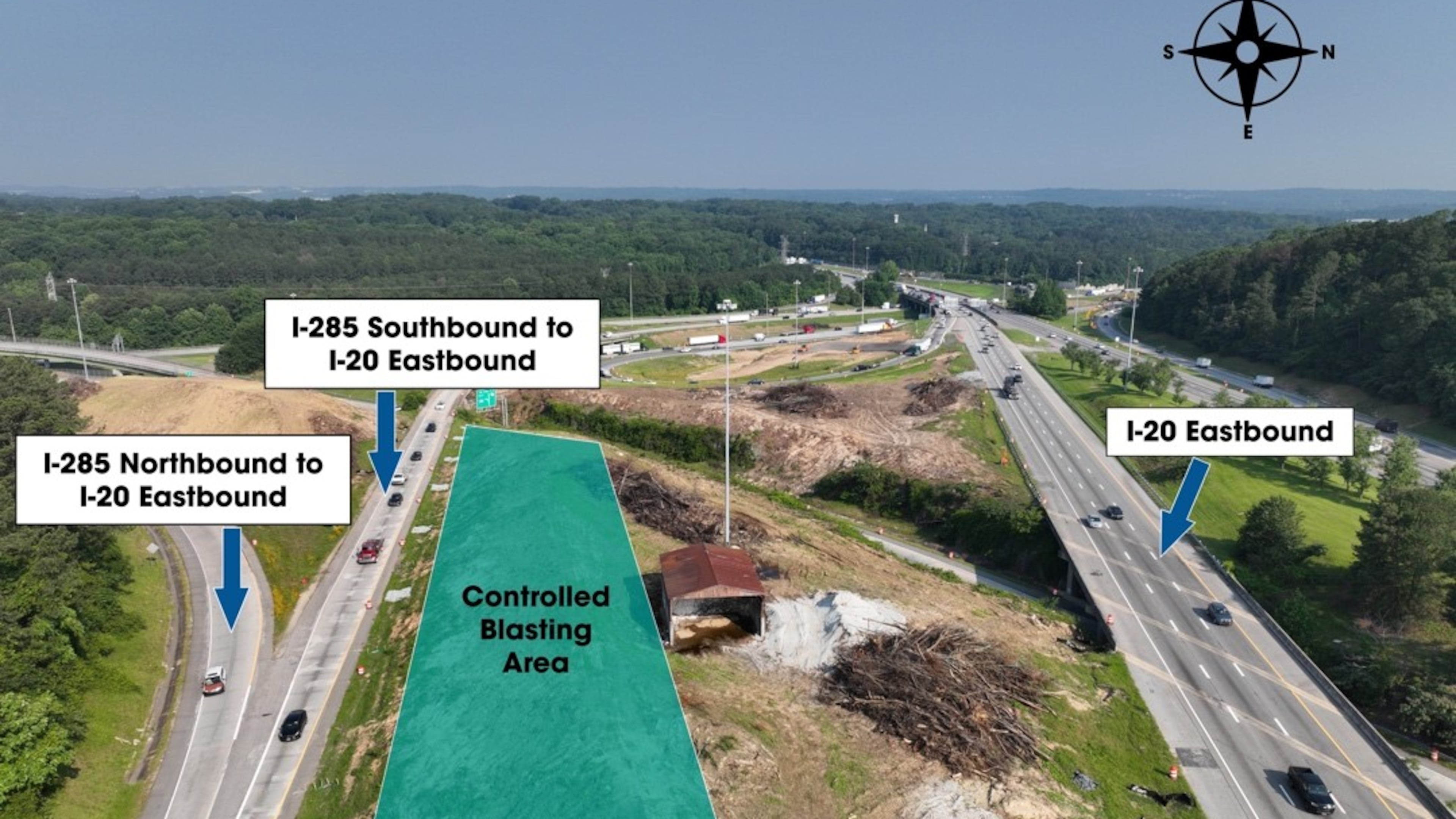 The Georgia Department of Transportation will begin controlled blasting Monday near the I-285 South ramp to I-20 East as part of an interchange redesign project. (Courtesy of Georgia Department of Transportation)