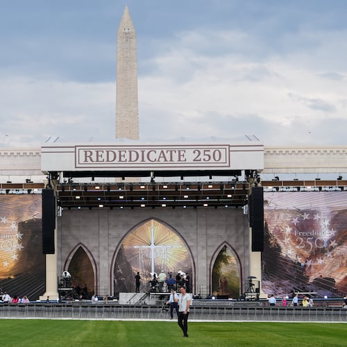The stage is seen ahead of Rededicate 250, a mostly conservative Christian prayer gathering in honor of the United States' 250th anniversary, on the National Mall, Sunday, May 17, 2026, in Washington. (AP Photo/Julia Demaree Nikhinson)