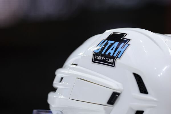 FILE - The Utah Hockey Club logo is seen on the helmet of center Nick Schmaltz (8) during the third period of an NHL hockey game against the Minnesota Wild Friday, Dec. 20, 2024, in St. Paul, Minn. (AP Photo/Matt Krohn, File)