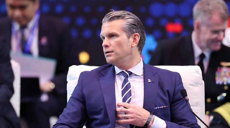 U.S. Defense Secretary Pete Hegseth attends the Association of Southeast Asian Nations (ASEAN)-United States Defence Ministers' High Tea, as part of the ASEAN Defense Ministers' meeting, in Kuala Lumpur, Malaysia, Saturday, Nov. 1, 2025. (Hasnoor Hussainl/Pool Photo via AP)