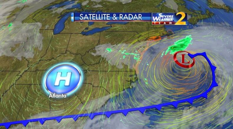Hermine on Sunday was strengthening over the southeast, bringing drier air and more sunshine to Atlanta for Labor Day weekend. (Credit: Channel 2 Action News)