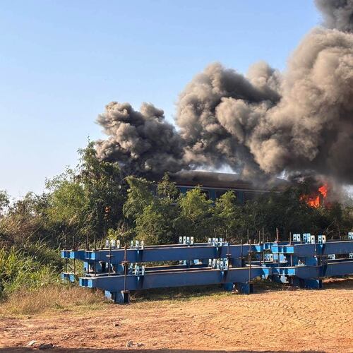 This photo released from Thailand's Ministry of Transport, shows a scene after a construction crane fell into a passenger train in Nakhon Ratchasima province, Thailand Wednesday, Jan. 14, 2026. (Ministry of Transport via AP)