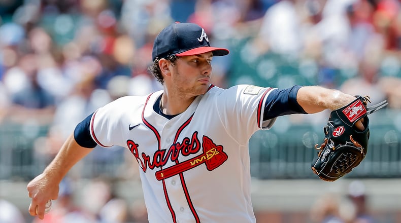 Atlanta Braves pitcher JR Ritchie delivers to a Washington Nationals batter during the first inning of a baseball game, Sunday, Aug. 2, 2026, in Atlanta. (AP Photo/Erik S. Lesser)
