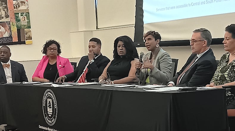 Panelists from Grady Health System, Fulton County and cities in south Fulton talk about health inequity at a town hall April 18, 2024. Jim Gaines/jim.gaines@ajc.com