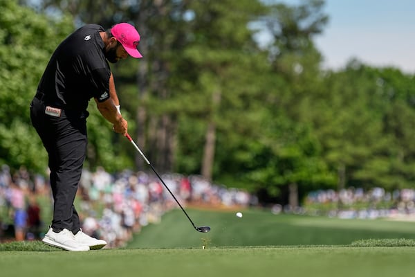 Jon Rahm, of Spain, hits his tee shot on the eighth hole during the final round of the PGA Championship golf tournament at the Quail Hollow Club, Sunday, May 18, 2025, in Charlotte, N.C. (AP Photo/George Walker IV)