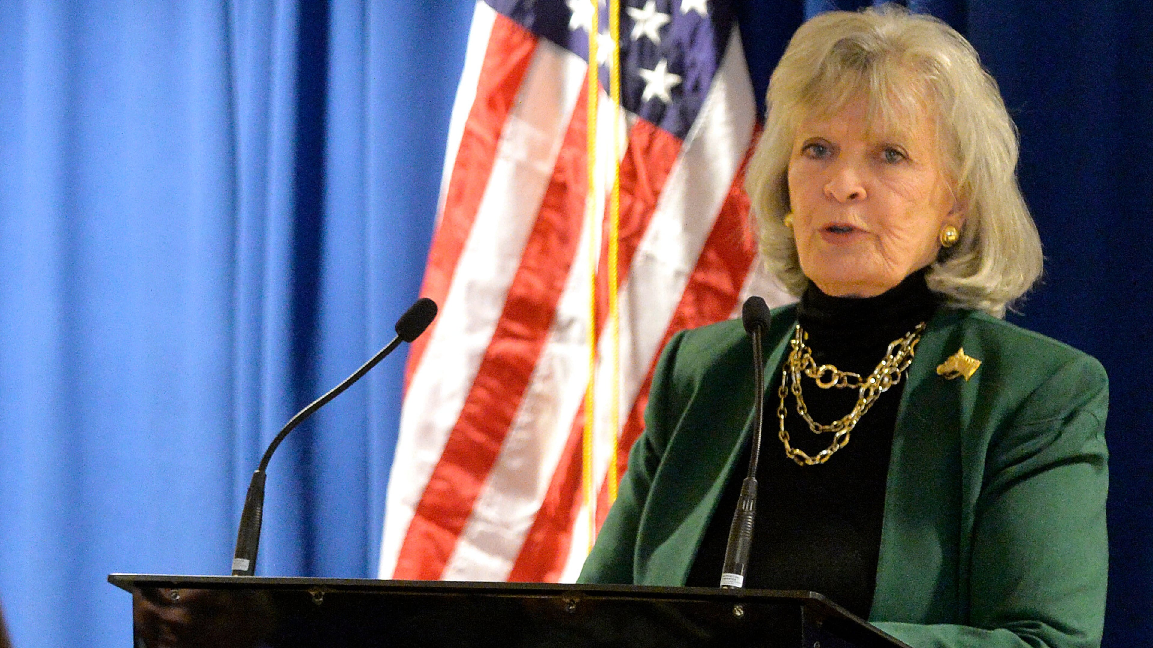 FILE - Former Kentucky Governor Martha Layne Collins speaks to a group of supporters of Kentucky Secretary of State Alison Lundergan Grimes Monday, Jan. 26, 2015, in Lexington, Ky. (AP Photo/Timothy D. Easley, File)
