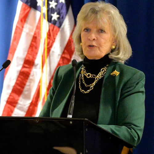 FILE - Former Kentucky Governor Martha Layne Collins speaks to a group of supporters of Kentucky Secretary of State Alison Lundergan Grimes Monday, Jan. 26, 2015, in Lexington, Ky. (AP Photo/Timothy D. Easley, File)
