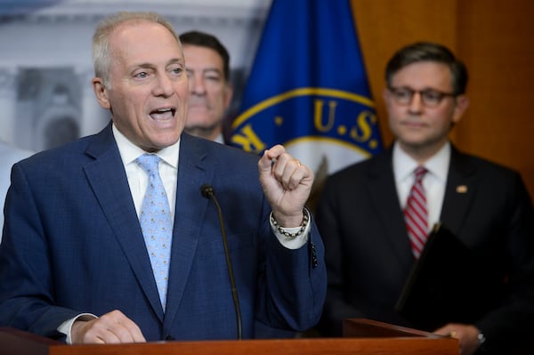 House Majority Leader Steve Scalise, R-La., left, is joined by Rep. Mark Green, R-Tenn., center, and Speaker of the House Mike Johnson, R-La., right, during a news conference at the Capitol, Tuesday, May 20, 2025, in Washington. (AP Photo/Rod Lamkey, Jr.)